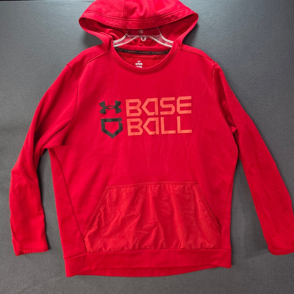 Under Armour Mens Baseball Hoodie Red Fleece Sweatshirt XL Graphic Logo Pocket